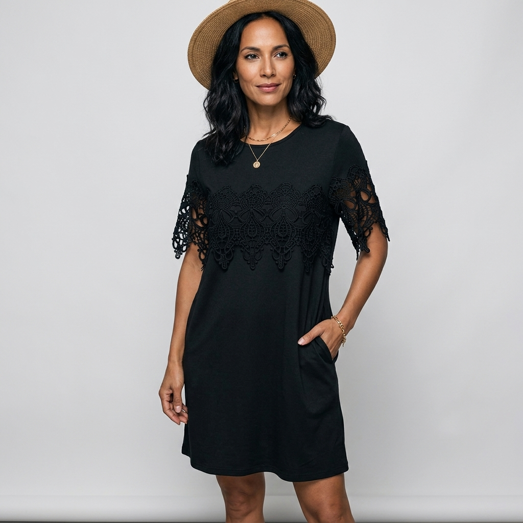Midnight Elegance Lace Patchwork Dress